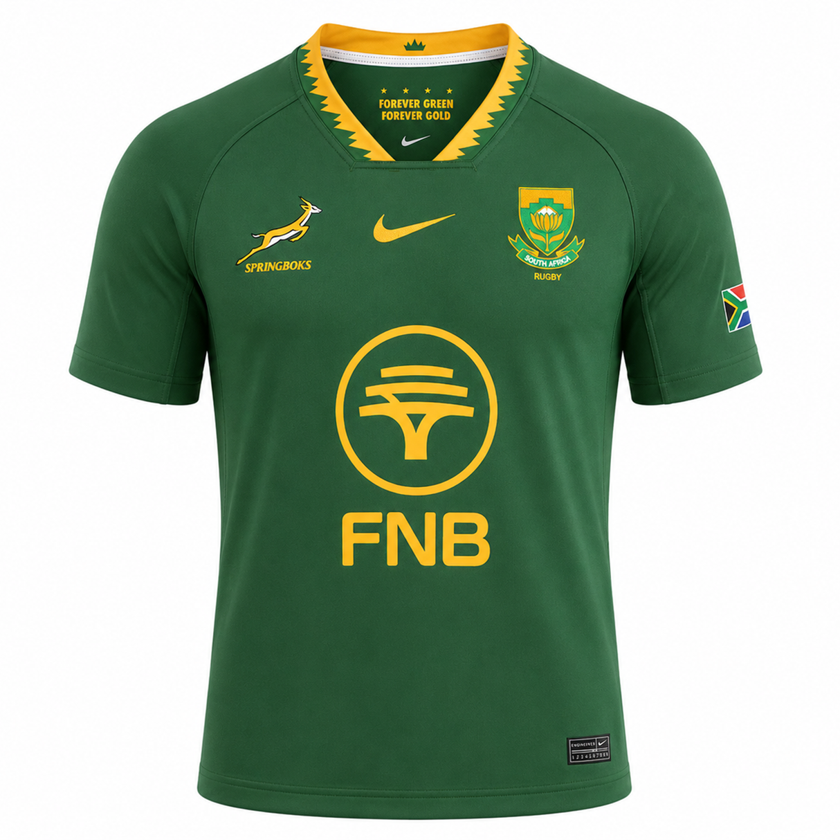 The Nike Springboks 26/27 Replica Home Jersey features yellow accents, team and Springbok logos, FNB sponsor, and a South African flag on the sleeve—an authentic jersey for true fans.