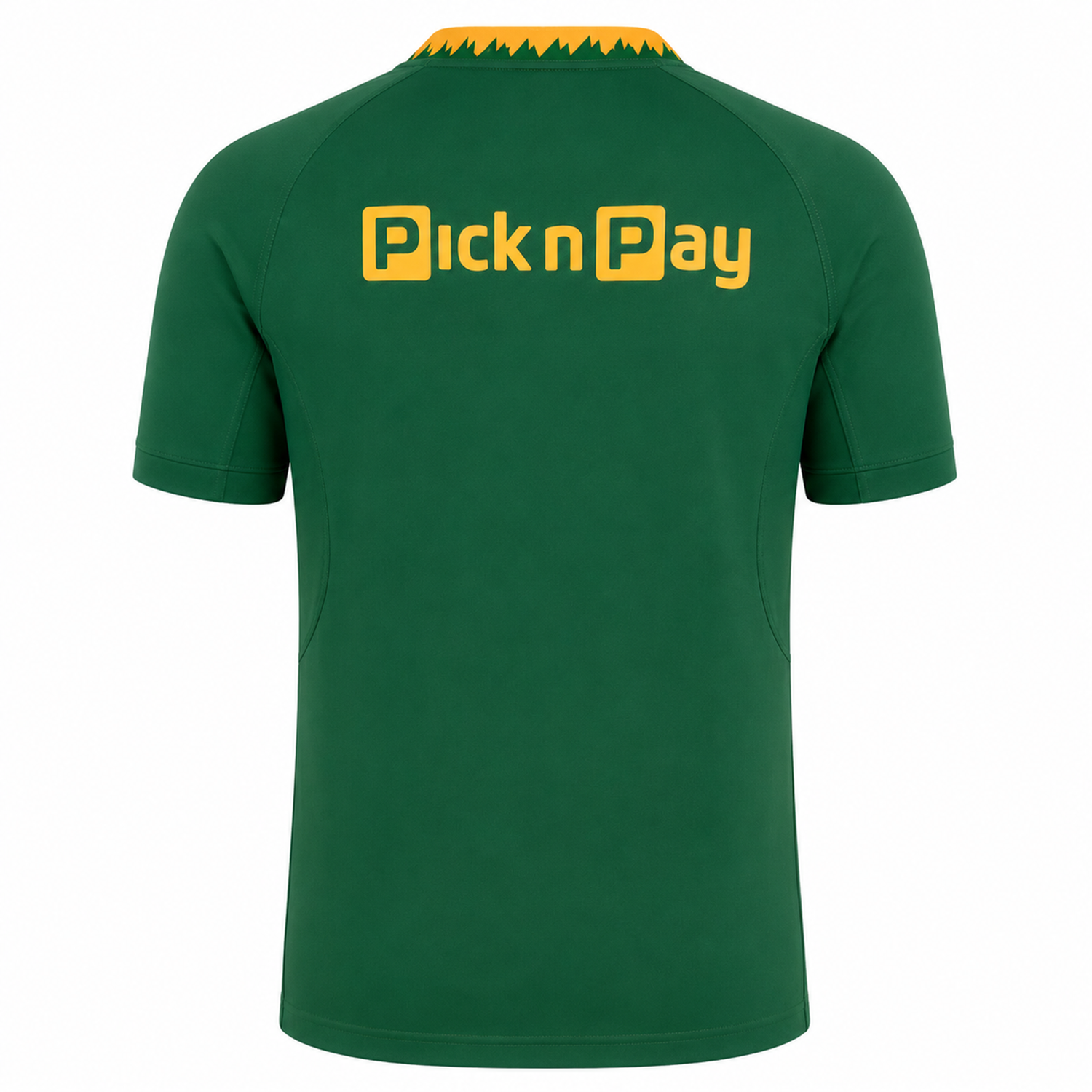 The Nike Springboks 26/27 Replica Home Jersey is a green short-sleeved rugby top with "Pick n Pay" in yellow on the upper back and a bold yellow zigzag collar, designed as the official Springboks replica by Nike.
