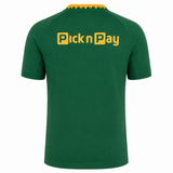 The Nike Springboks 26/27 Replica Home Jersey is a green short-sleeved rugby top with "Pick n Pay" in yellow on the upper back and a bold yellow zigzag collar, designed as the official Springboks replica by Nike.