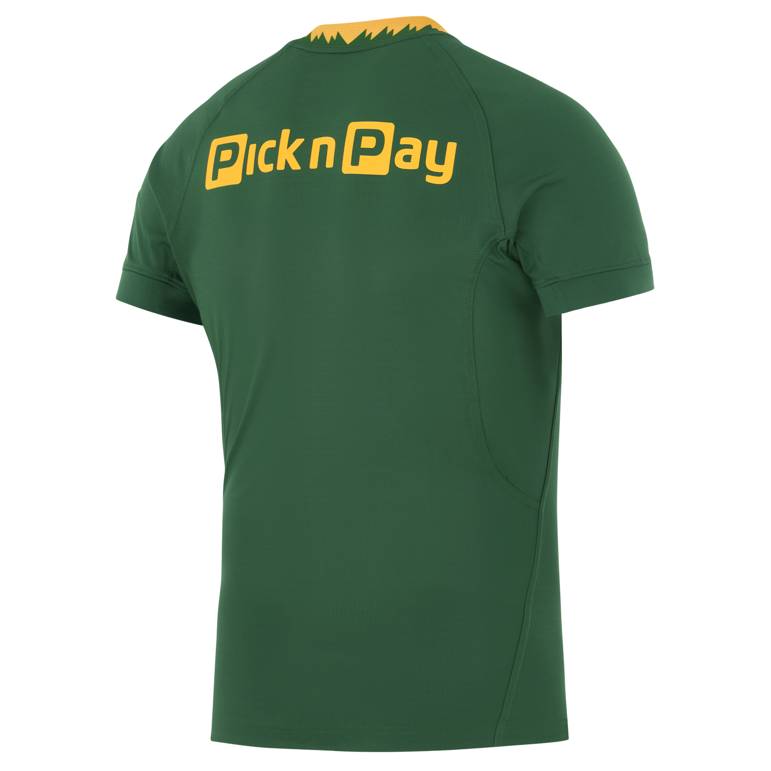 The Springboks 26/27 Authentic Match Home Jersey by Nike features short sleeves, a green design, and "Pick n Pay" in yellow on the upper back—a genuine jersey for South African rugby fans.