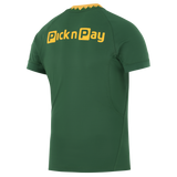 The Springboks 26/27 Authentic Match Home Jersey by Nike features short sleeves, a green design, and "Pick n Pay" in yellow on the upper back—a genuine jersey for South African rugby fans.