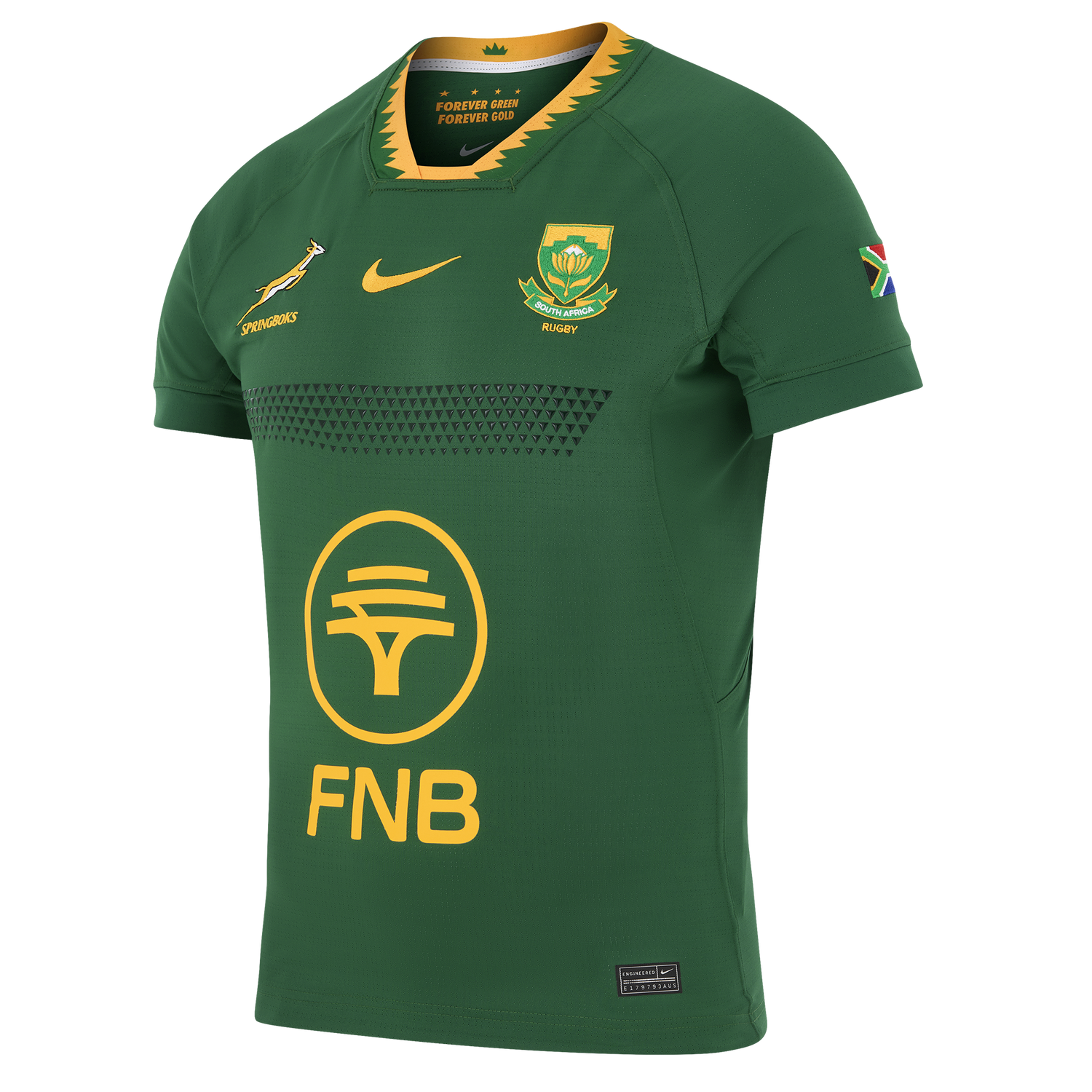 The Springboks 26/27 Authentic Match Home Jersey by Nike is a green rugby shirt with yellow accents, official team and Springbok logos, FNB sponsor, South African flag on the sleeve—a must-have for true fans.