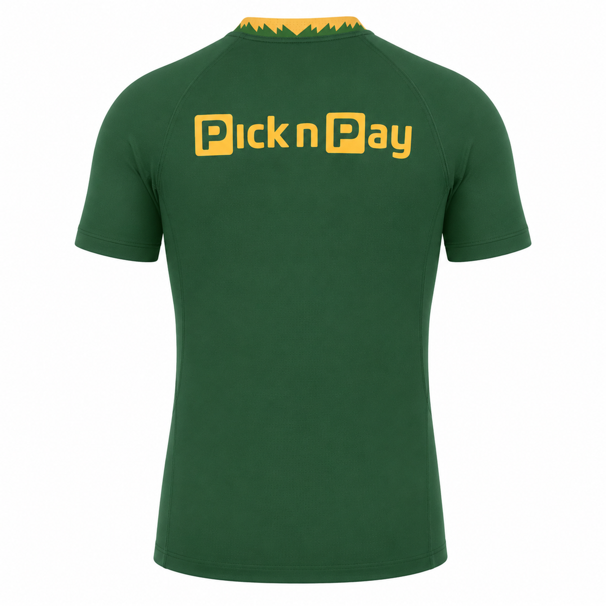 A green short-sleeve Nike jersey photographed from the back features a yellow "Pick n Pay" logo on the upper back—this is the official Springboks 26/27 Authentic Match Home Jersey.