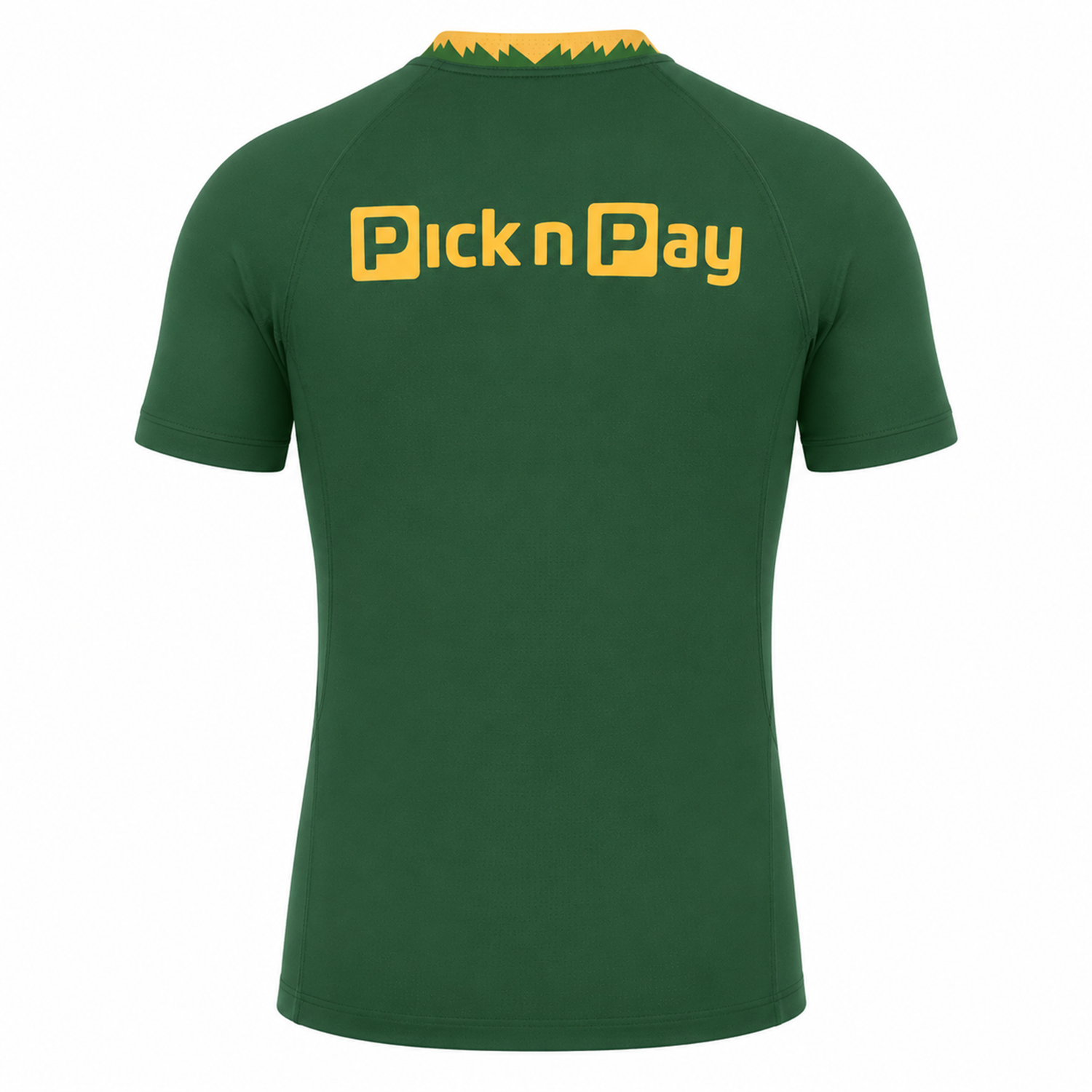 A green short-sleeve Nike jersey photographed from the back features a yellow "Pick n Pay" logo on the upper back—this is the official Springboks 26/27 Authentic Match Home Jersey.