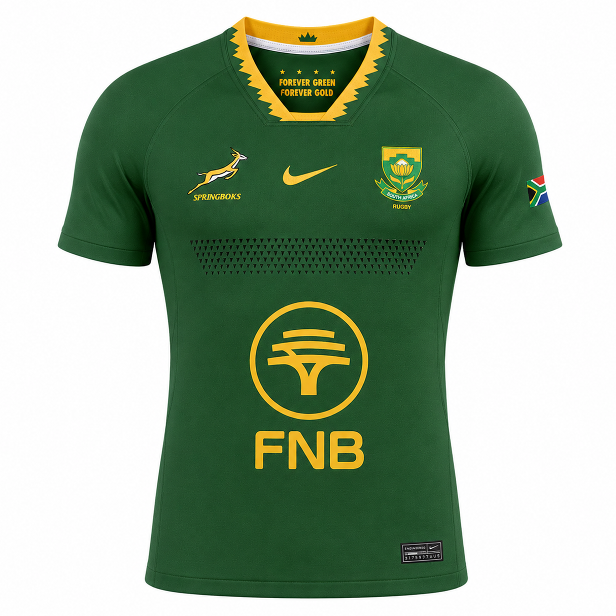 Show your Springboks pride with the Nike Springboks 26/27 Authentic Match Home Jersey, featuring yellow accents, FNB sponsor, national and Springbok emblems, and SA flag on the sleeve—perfect for true supporters.
