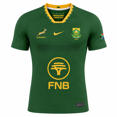 Show your Springboks pride with the Nike Springboks 26/27 Authentic Match Home Jersey, featuring yellow accents, FNB sponsor, national and Springbok emblems, and SA flag on the sleeve—perfect for true supporters.