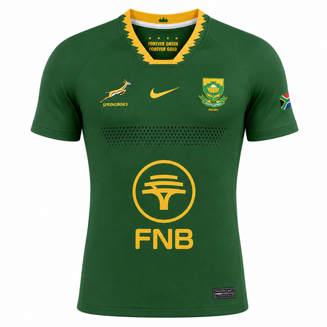 Show your Springboks pride with the Nike Springboks 26/27 Authentic Match Home Jersey, featuring yellow accents, FNB sponsor, national and Springbok emblems, and SA flag on the sleeve—perfect for true supporters.
