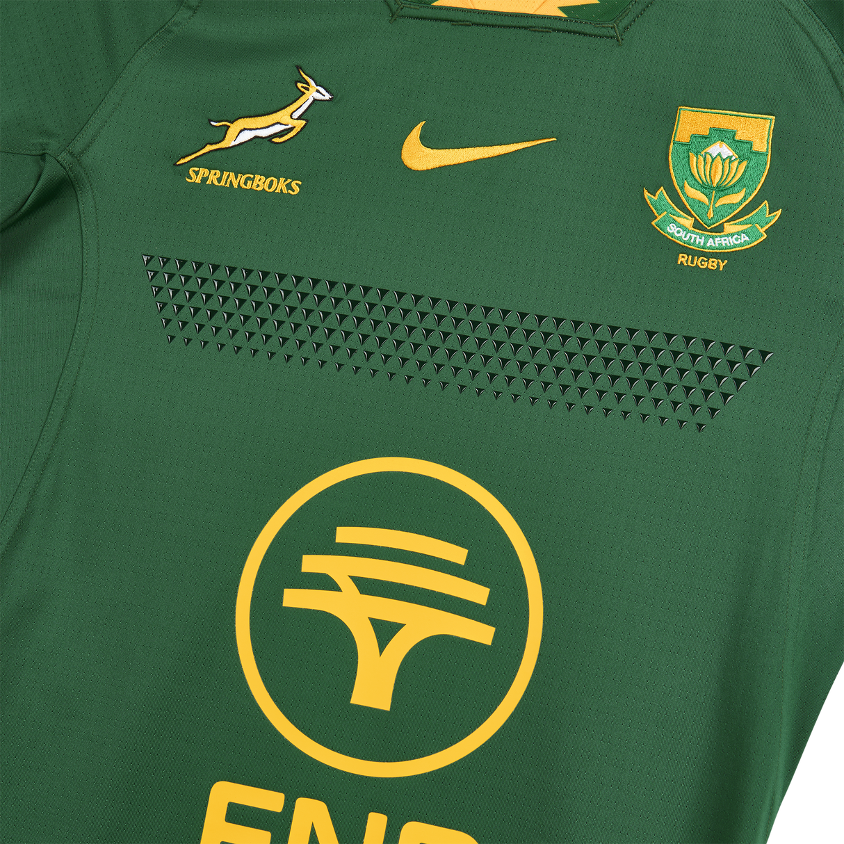 Nike's Springboks 26/27 Authentic Match Home Jersey features a green design with the Springboks logo, Nike logo, South African Rugby crest, and yellow sponsor detail.