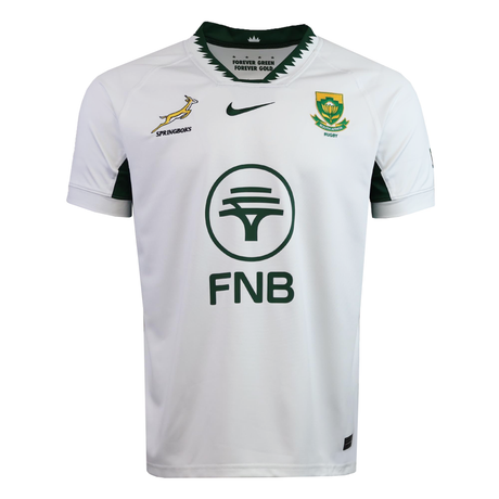 The Nike Springboks 25 Replica Away Jersey features green logos—Springbok, SA Rugby crest, Nike swoosh, and FNB sponsor—on a white base. Made with Dri-FIT for comfort, it’s your authentic Springboks away supporter jersey.