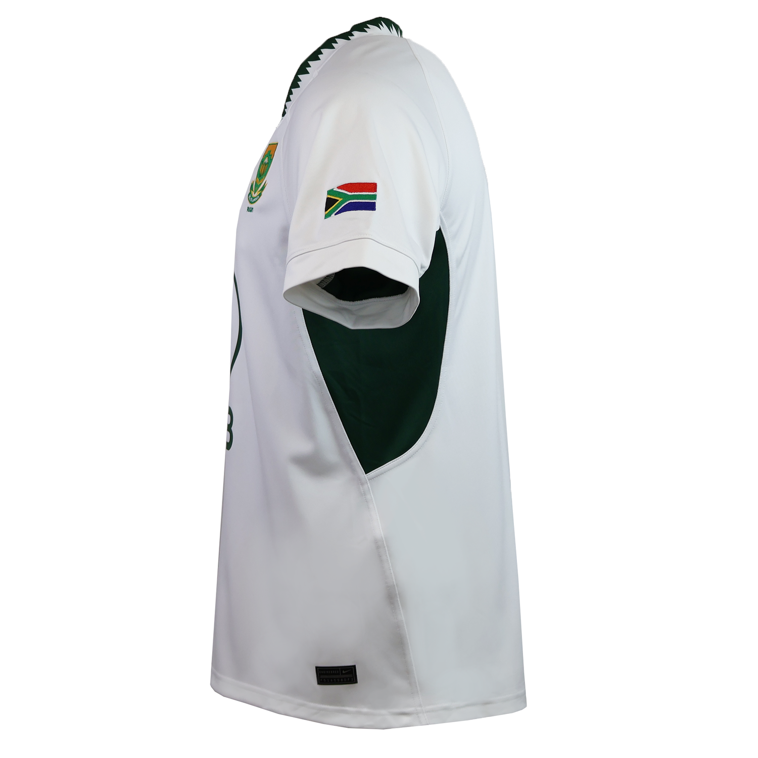 The Nike Springboks 25 Replica Away Jersey features white fabric with green accents, a South African flag patch on the sleeve, partial crest and numbers on the front, and Nike Dri-FIT tech for comfort—an authentic rugby fan essential.