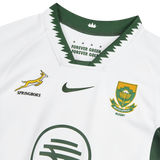 Close-up of the Nike Springboks 26/27 Replica Away Jersey, featuring the Springboks logo, South Africa Rugby crest, Nike branding, and a green zigzag collar with "Forever Green, Forever Gold" text.