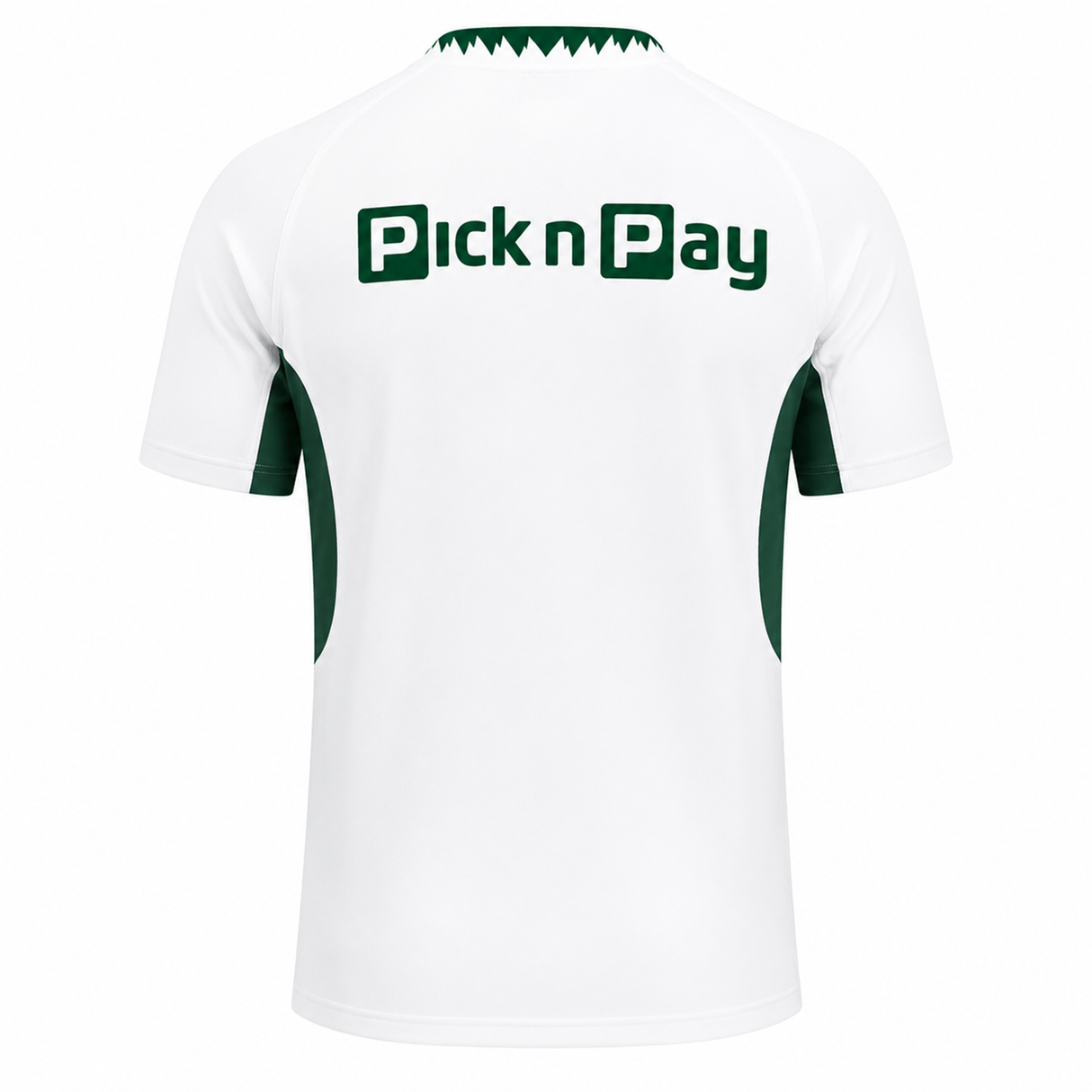 Back view of the white Nike Springboks 26/27 Replica Away Jersey, showcasing the "Pick n Pay" logo in green text across the upper back.