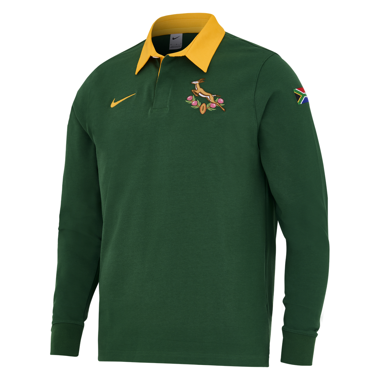 The Nike Springboks Home Long Sleeve Rugby Shirt features a green design with a yellow collar, South African flag patch on the sleeve, and Springbok chest logo—ideal for any South African rugby fan.