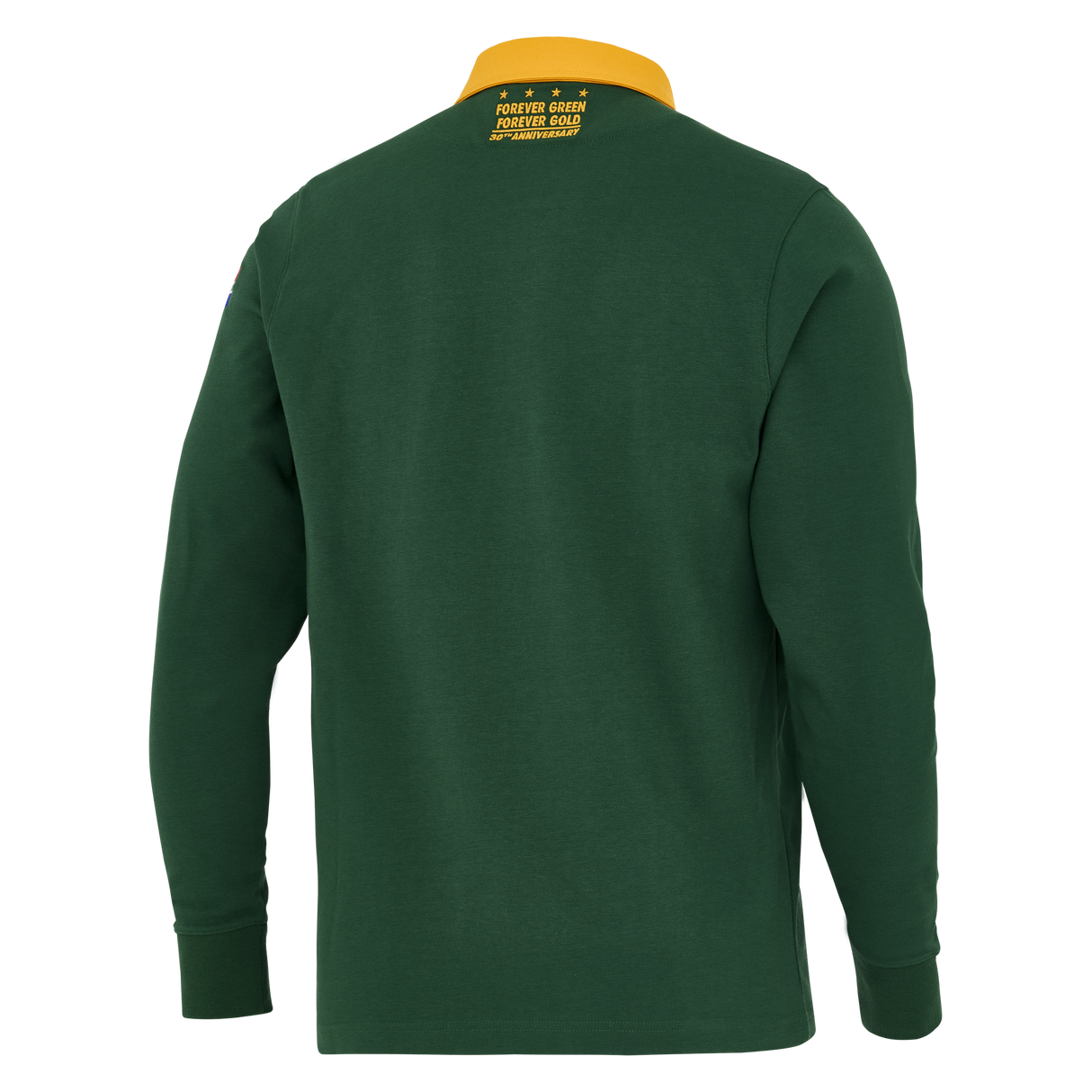A green Springboks Home Long Sleeve Rugby Shirt by Nike with a yellow collar, shown from the back. The upper back displays yellow printed text and stars—ideal for fans of this iconic Nike rugby style.