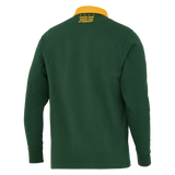 A green Springboks Home Long Sleeve Rugby Shirt by Nike with a yellow collar, shown from the back. The upper back displays yellow printed text and stars—ideal for fans of this iconic Nike rugby style.