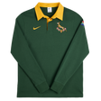 Show your pride with the Springboks Home Long Sleeve Rugby Shirt by Nike, featuring a green body, yellow collar, Nike logo, Springbok emblem, and the South African flag on the sleeve—ideal for every rugby fan.
