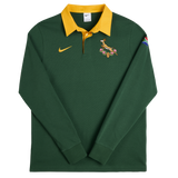 Show your pride with the Springboks Home Long Sleeve Rugby Shirt by Nike, featuring a green body, yellow collar, Nike logo, Springbok emblem, and the South African flag on the sleeve—ideal for every rugby fan.