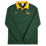 Show your pride with the Springboks Home Long Sleeve Rugby Shirt by Nike, featuring a green body, yellow collar, Nike logo, Springbok emblem, and the South African flag on the sleeve—ideal for every rugby fan.