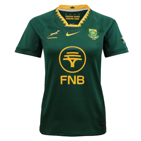 The Women's Springboks 25 Replica Home Jersey by Nike features a green design with yellow accents, Springbok and sponsor logos, Dri-FIT technology, and "FOREVER GREEN FOREVER GOLD" printed inside the collar.