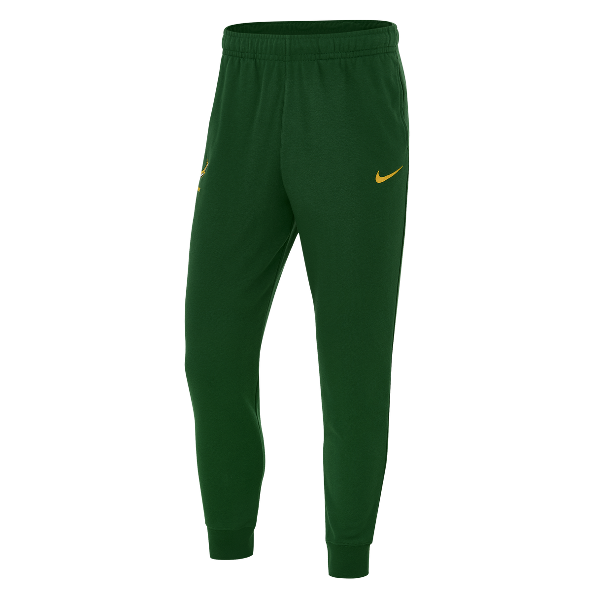 The Nike Springboks Training Pant is a green athletic jogger with an elastic waistband and a yellow Nike swoosh on the left thigh, designed for rugby training.
