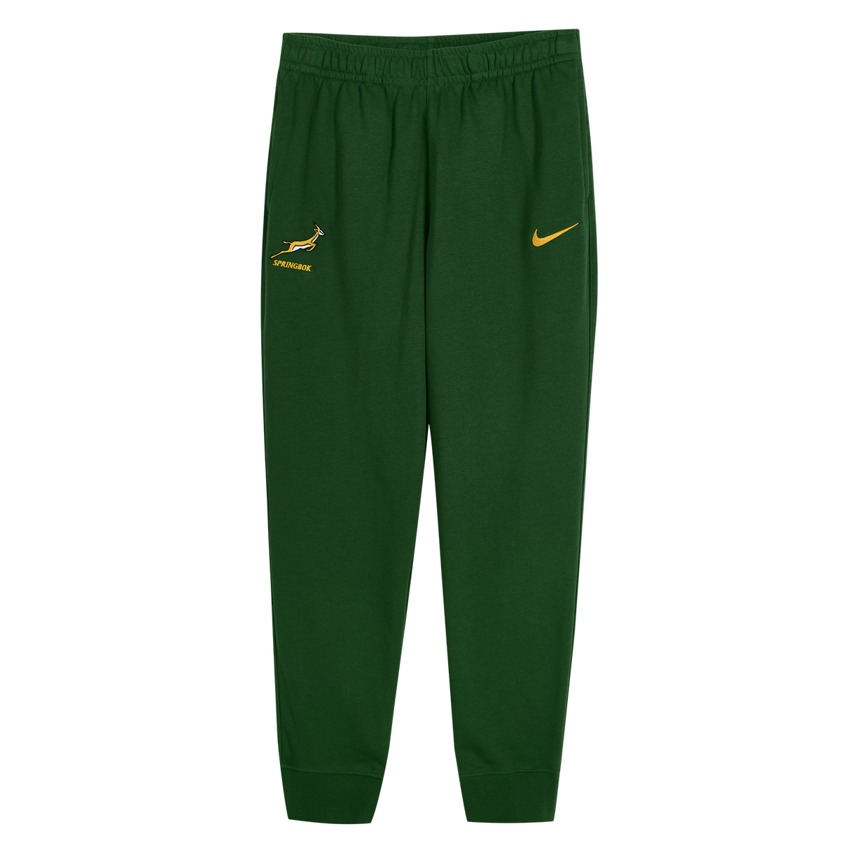 The Nike Springboks Training Pant features a green tapered fit, the official Springboks logo, and a yellow Nike swoosh, inspired by the authentic training gear worn during rugby preparation.