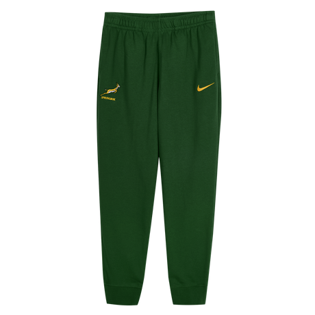 The Nike Springboks Training Pant features a green tapered fit, the official Springboks logo, and a yellow Nike swoosh, inspired by the authentic training gear worn during rugby preparation.