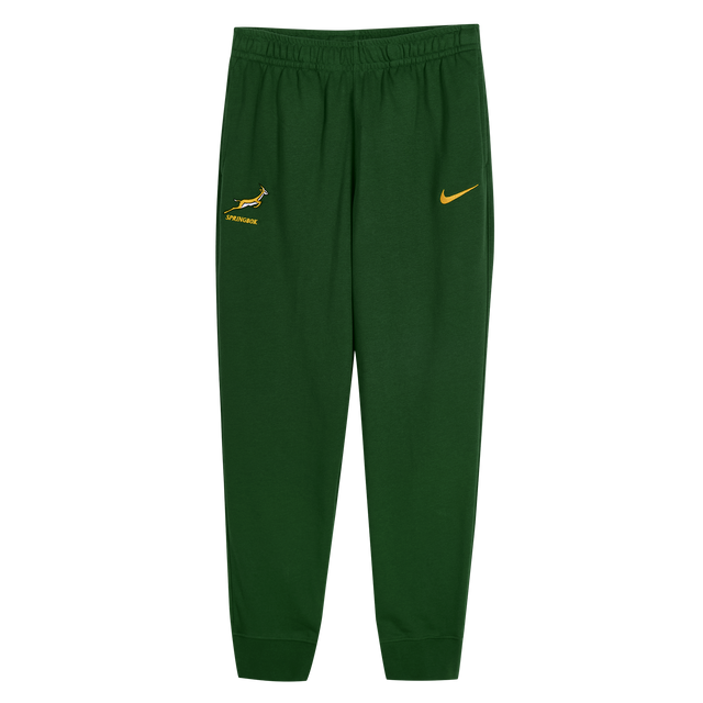 The Nike Springboks Training Pant features a green tapered fit, the official Springboks logo, and a yellow Nike swoosh, inspired by the authentic training gear worn during rugby preparation.
