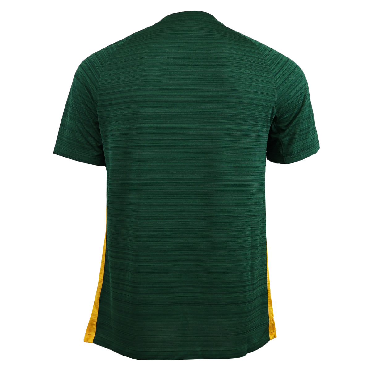 Back view of the Springboks 25 Training Top by Nike—short-sleeve, dark green with subtle stripes and yellow side accents. Made with Nike Dri-FIT tech to keep you cool during rugby training.