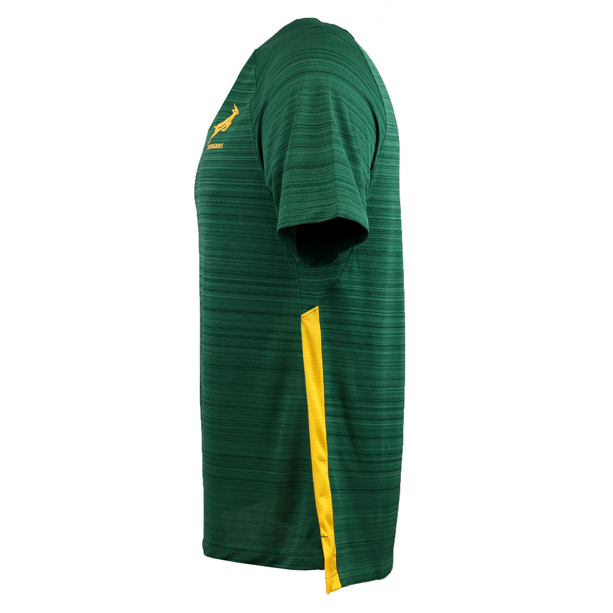 Side view of the Springboks 25 Training Top by Nike, a green short-sleeved jersey with Dri-FIT tech, yellow vertical side stripe, and a small chest logo.