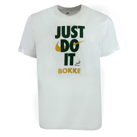 The Nike Springboks 25 Bokke Just Do It T-Shirt is a white tee with the "Just Do It BOKKE" slogan in green and gold, featuring both the Nike logo and a small Springboks emblem.