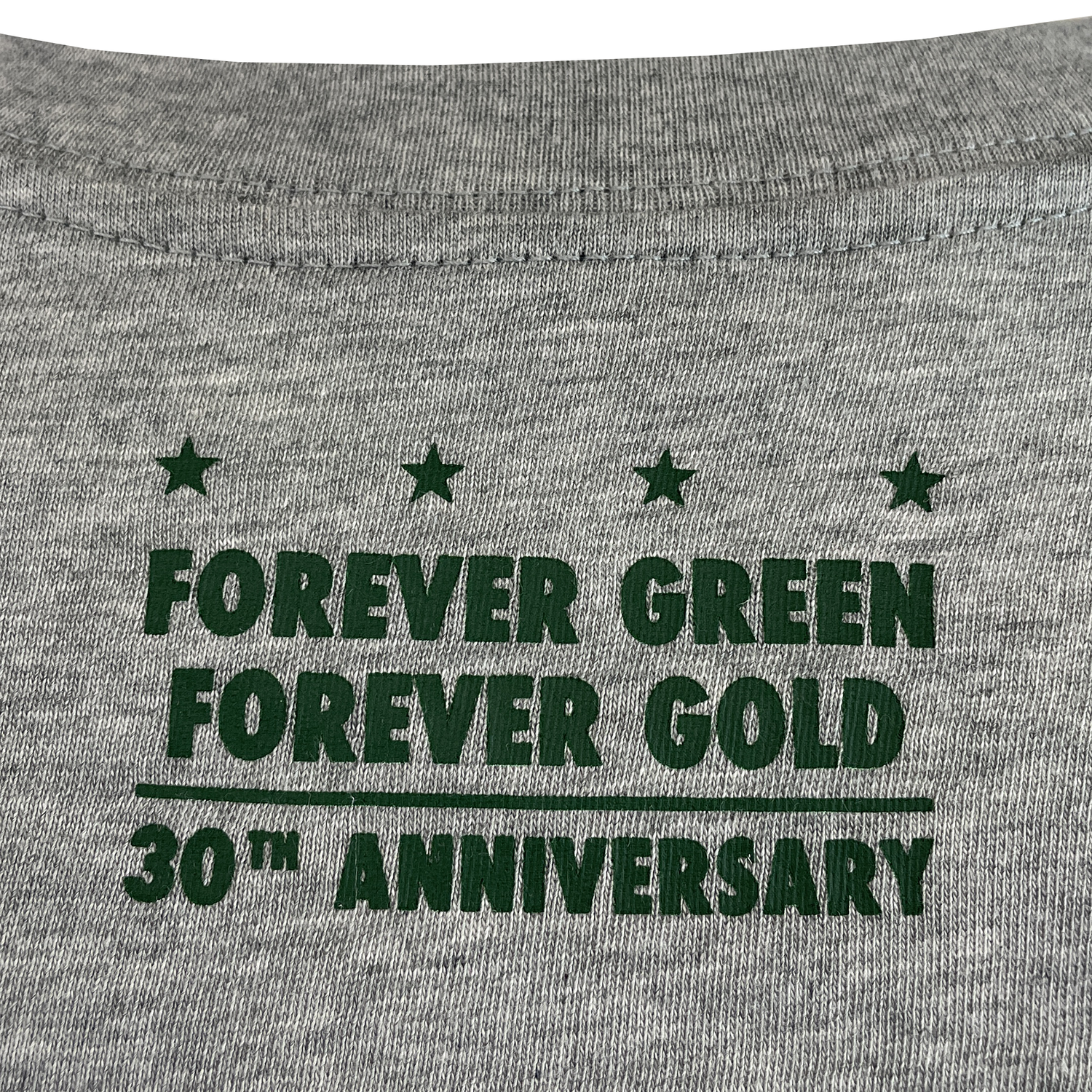 The Nike Springboks 25 Heritage GPX T-Shirt features gray fabric with green "FOREVER GREEN FOREVER GOLD 30TH ANNIVERSARY" text and four stars above, celebrating South African rugby's iconic Springboks legacy.