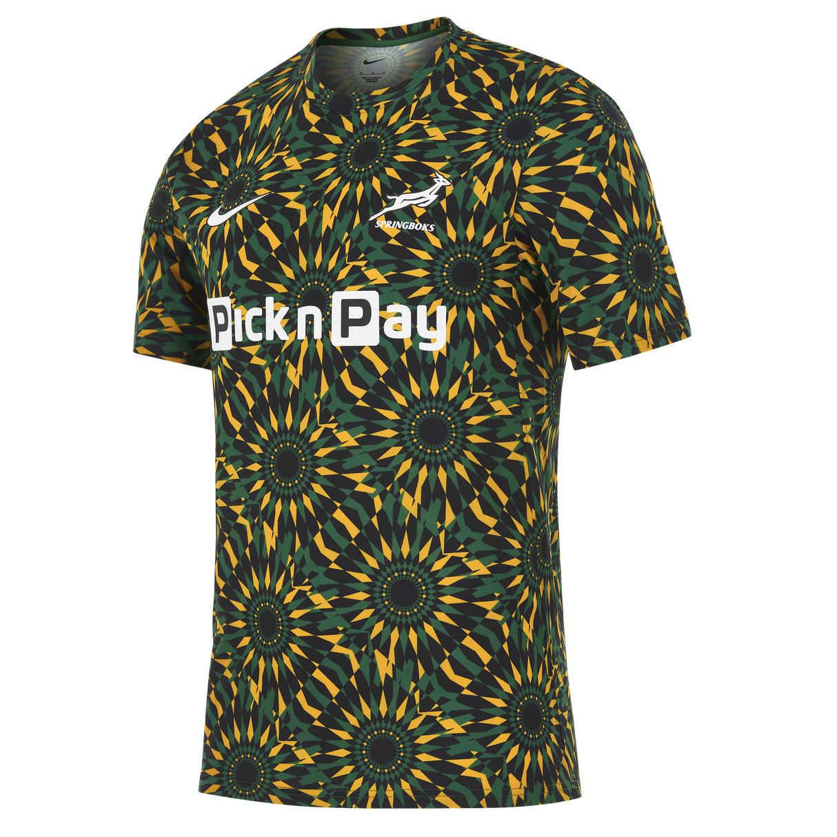 Short-sleeved Nike Springboks 26/27 Pre-Match Top with a geometric green, yellow, and black design, Springboks logo, and "Pick n Pay" sponsor text—a striking tribute to South African rugby style.