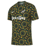 Short-sleeved Nike Springboks 26/27 Pre-Match Top with a geometric green, yellow, and black design, Springboks logo, and "Pick n Pay" sponsor text—a striking tribute to South African rugby style.