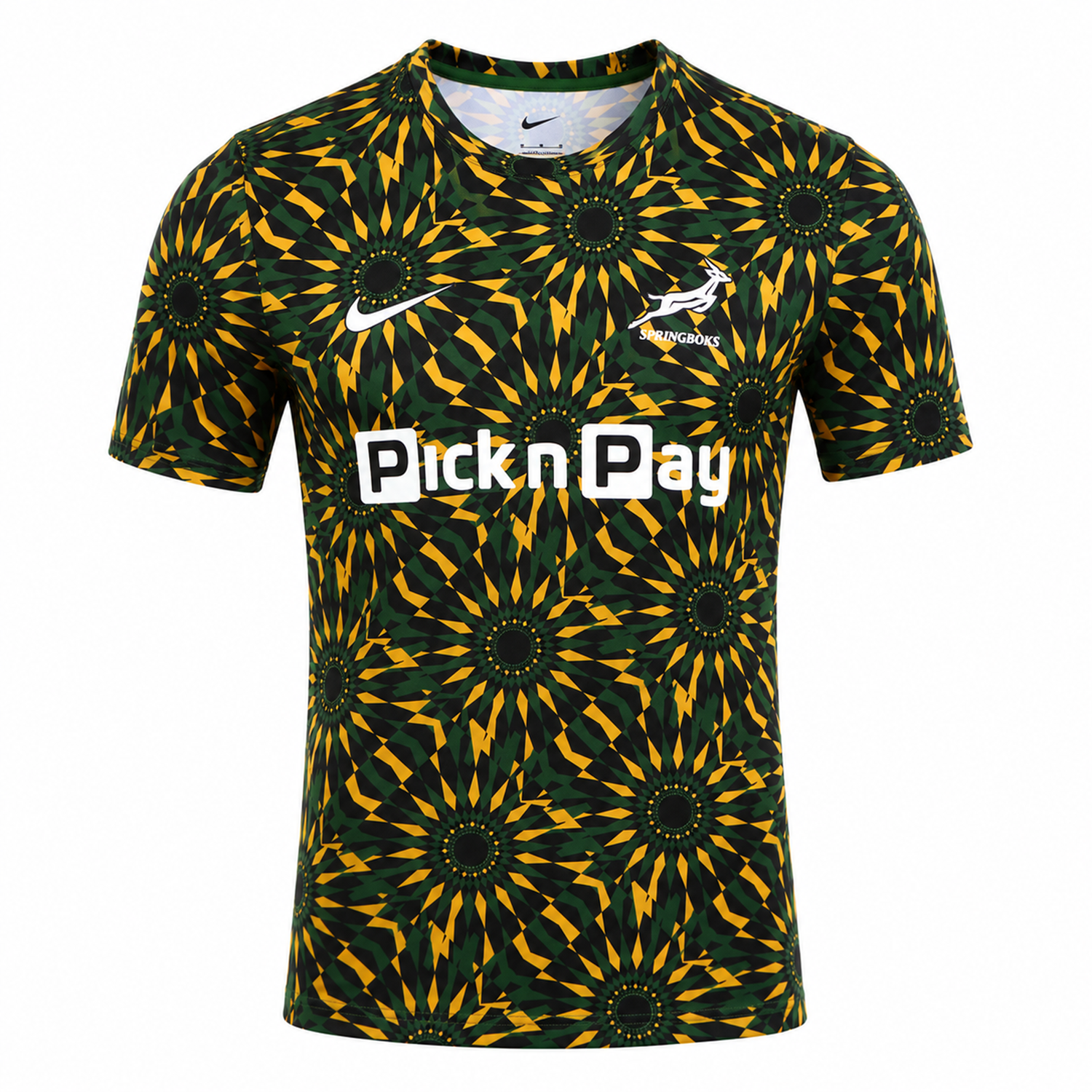 The Nike Springboks 26/27 Pre-Match Top is a short-sleeve rugby jersey with a green, yellow, and black geometric design—ideal as a Springboks pre-match shirt or as official Nike rugby gear.
