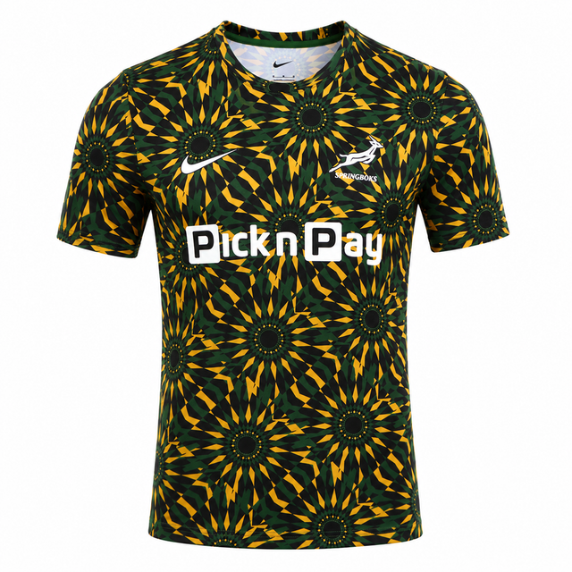 The Nike Springboks 26/27 Pre-Match Top is a short-sleeve rugby jersey with a green, yellow, and black geometric design—ideal as a Springboks pre-match shirt or as official Nike rugby gear.
