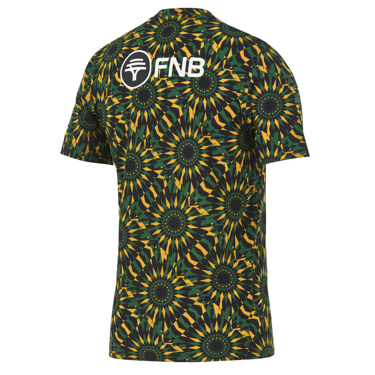 The Nike Springboks 26/27 Pre-Match Top is a short-sleeve rugby shirt with a multicolored geometric design and the FNB logo in white on the upper back—ideal for South Africa rugby fans.