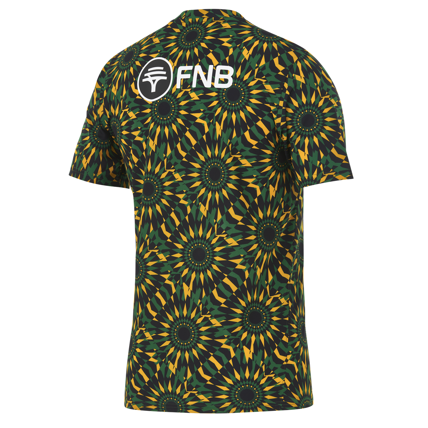 The Nike Springboks 26/27 Pre-Match Top is a short-sleeve rugby shirt with a multicolored geometric design and the FNB logo in white on the upper back—ideal for South Africa rugby fans.