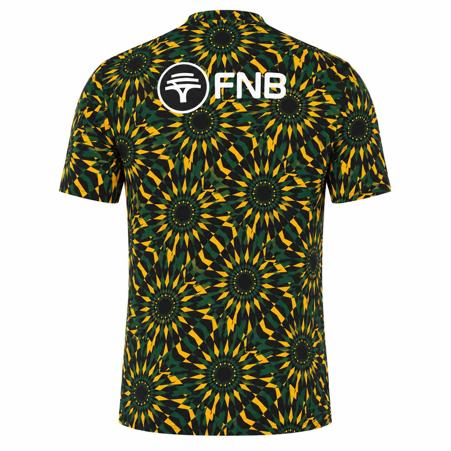 The Nike Springboks 26/27 Pre-Match Top is a short-sleeve rugby shirt featuring a green, yellow, and black geometric sunburst design with a white FNB logo on the back, inspired by South Africa's Springboks.