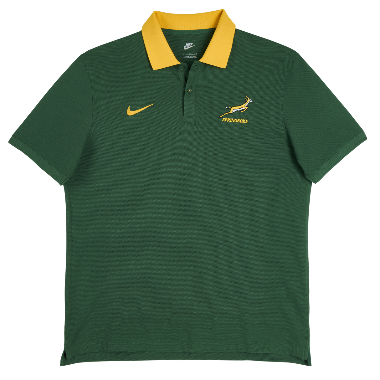 Just in: The Nike Springboks Pique Polo sports a green short-sleeve look with a yellow collar, plus iconic Nike logo, Springboks emblem, and "SPRINGBOKS" chest text.