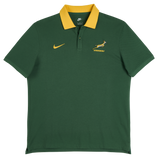 Just in: The Nike Springboks Pique Polo sports a green short-sleeve look with a yellow collar, plus iconic Nike logo, Springboks emblem, and "SPRINGBOKS" chest text.