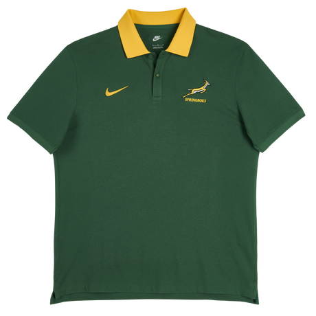Just in: The Nike Springboks Pique Polo sports a green short-sleeve look with a yellow collar, plus iconic Nike logo, Springboks emblem, and "SPRINGBOKS" chest text.
