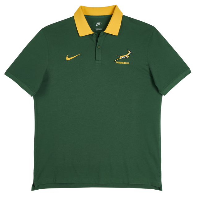 Just in: The Nike Springboks Pique Polo sports a green short-sleeve look with a yellow collar, plus iconic Nike logo, Springboks emblem, and "SPRINGBOKS" chest text.