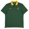 Just in: The Nike Springboks Pique Polo sports a green short-sleeve look with a yellow collar, plus iconic Nike logo, Springboks emblem, and "SPRINGBOKS" chest text.