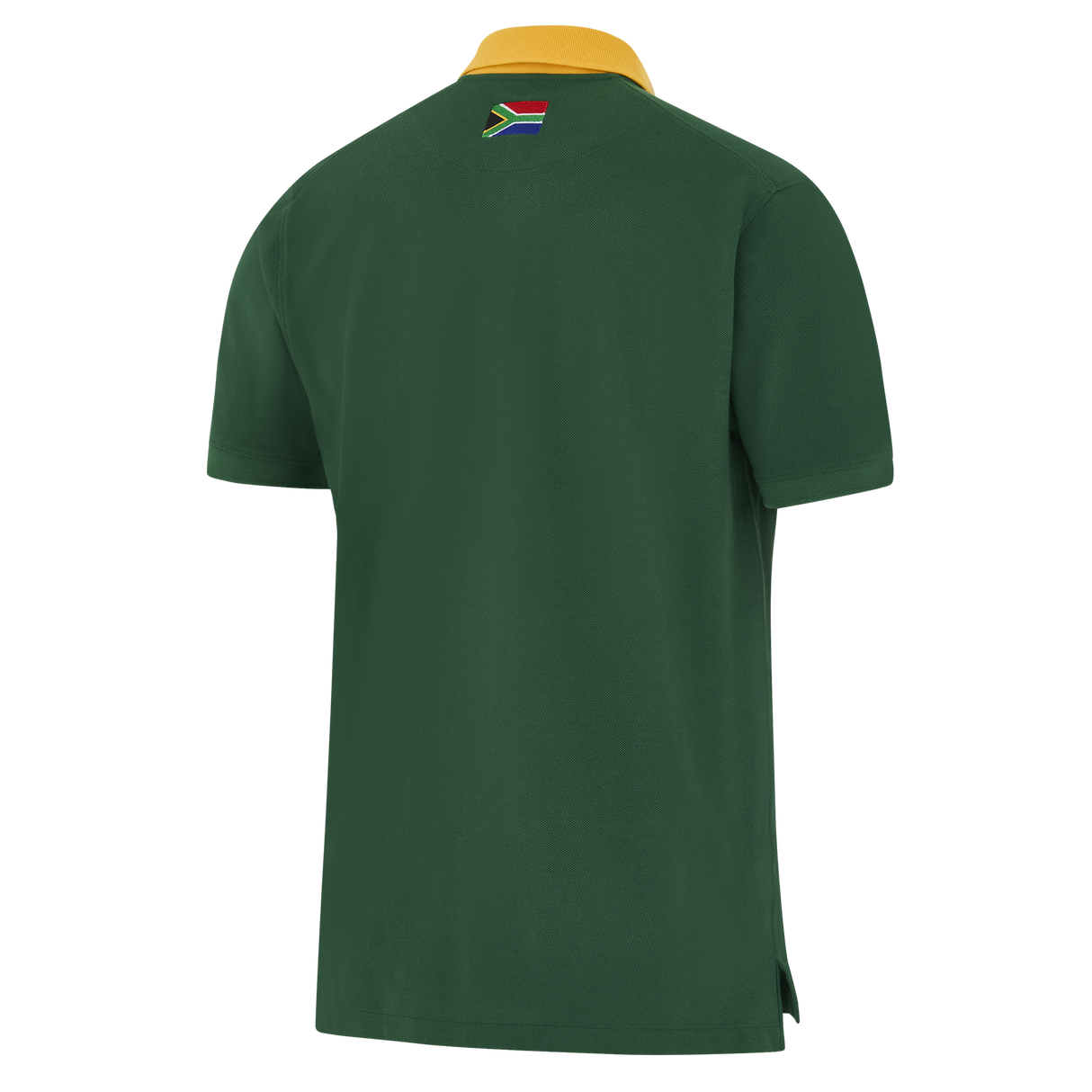 Just in: The Springboks Pique Polo by Nike is a green short-sleeved shirt with a yellow collar, shown from the back and displaying a small South African flag below the neckline.
