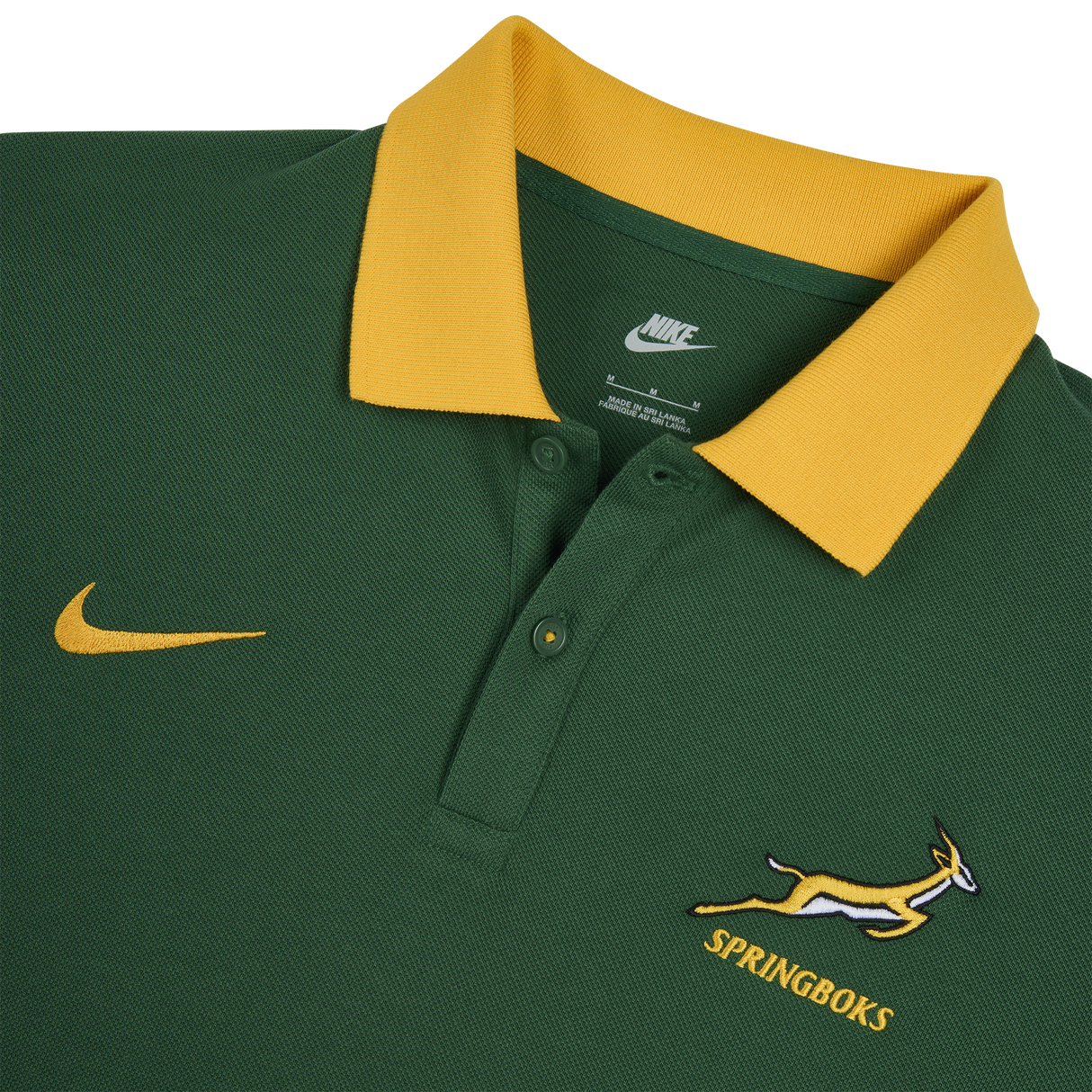 Just in: The Nike Springboks Pique Polo boasts a green body, yellow collar, iconic Springboks chest logo and text, plus a yellow Nike swoosh.