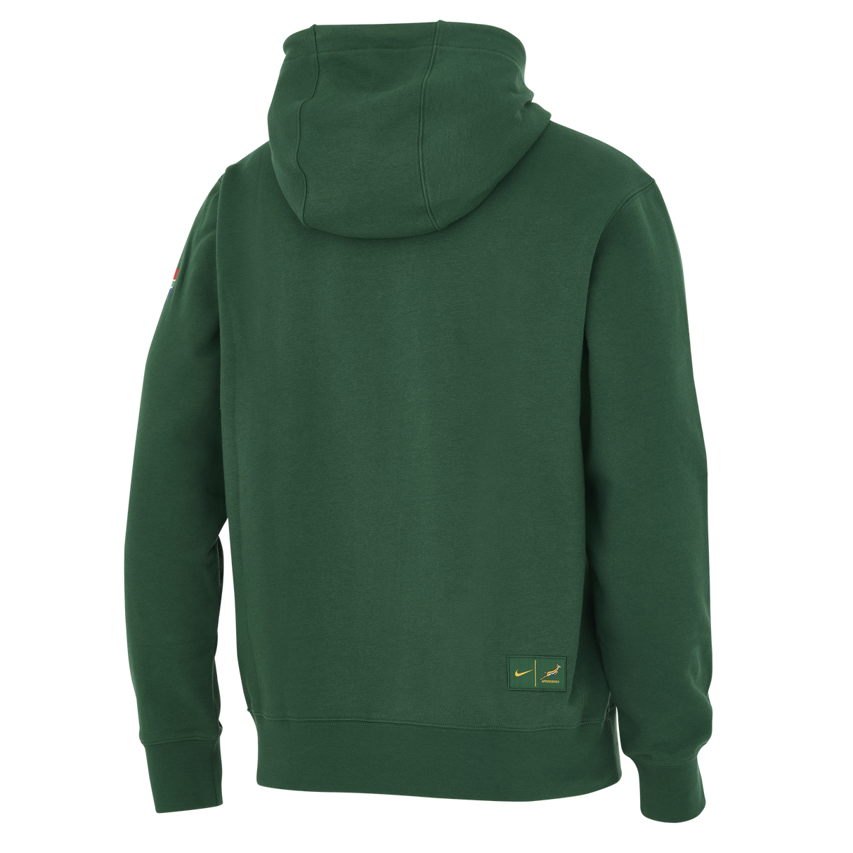 A plain dark green Springboks Bokke Pullover Hoodie by Nike is shown from the back, with a small patch featuring the Nike and Springboks Bokke logos near the lower right hem.