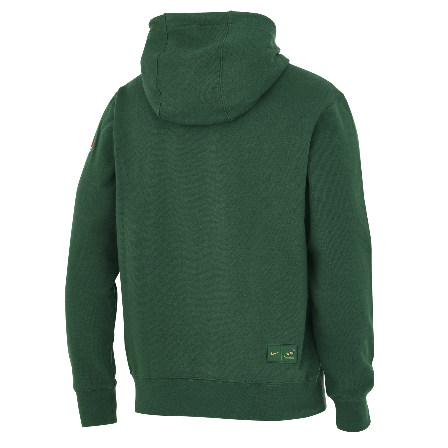 A plain dark green Springboks Bokke Pullover Hoodie by Nike is shown from the back, with a small patch featuring the Nike and Springboks Bokke logos near the lower right hem.