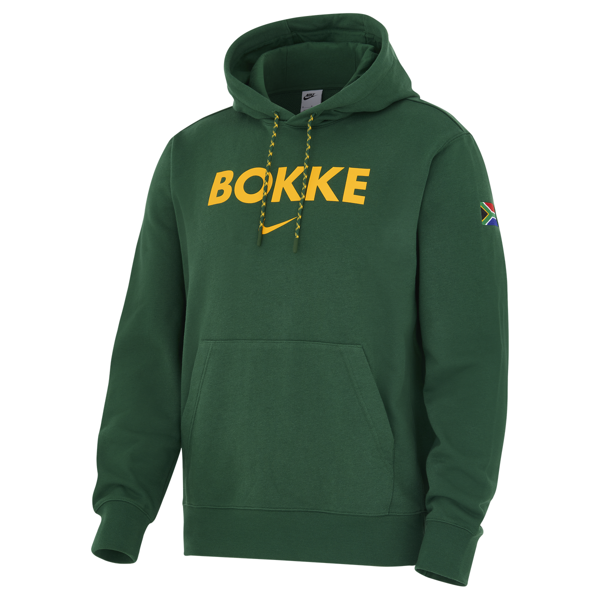 Show your support in the Springboks Bokke Pullover Hoodie by Nike—a green hoodie with bold yellow "BOKKE," a yellow Nike logo, and a South African flag patch on the sleeve.