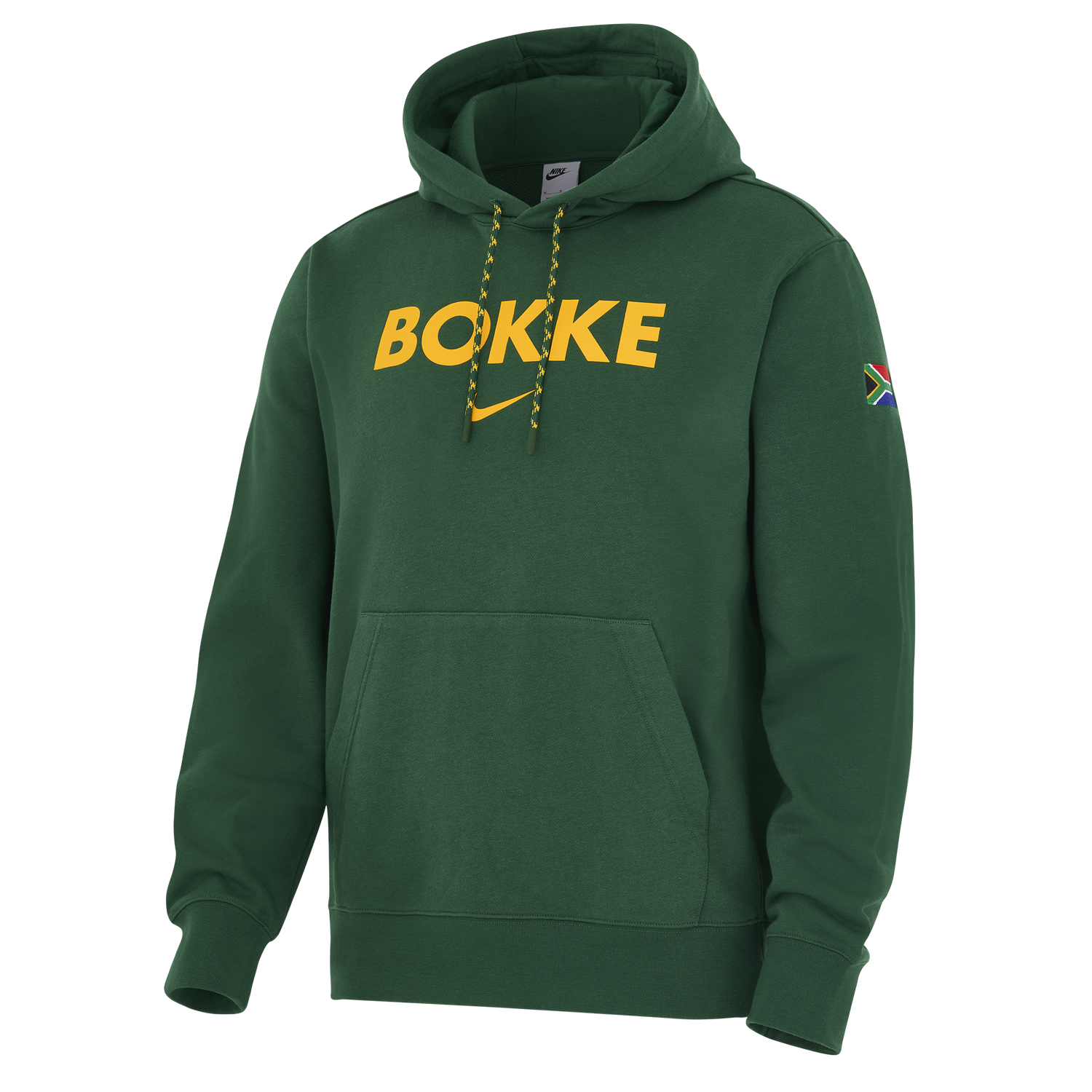 Show your support in the Springboks Bokke Pullover Hoodie by Nike—a green hoodie with bold yellow "BOKKE," a yellow Nike logo, and a South African flag patch on the sleeve.