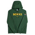 The Nike Springboks Bokke Pullover Hoodie features a green design, bold yellow "BOKKE" on the chest, a South African flag patch on the left sleeve, and classic Springboks style.